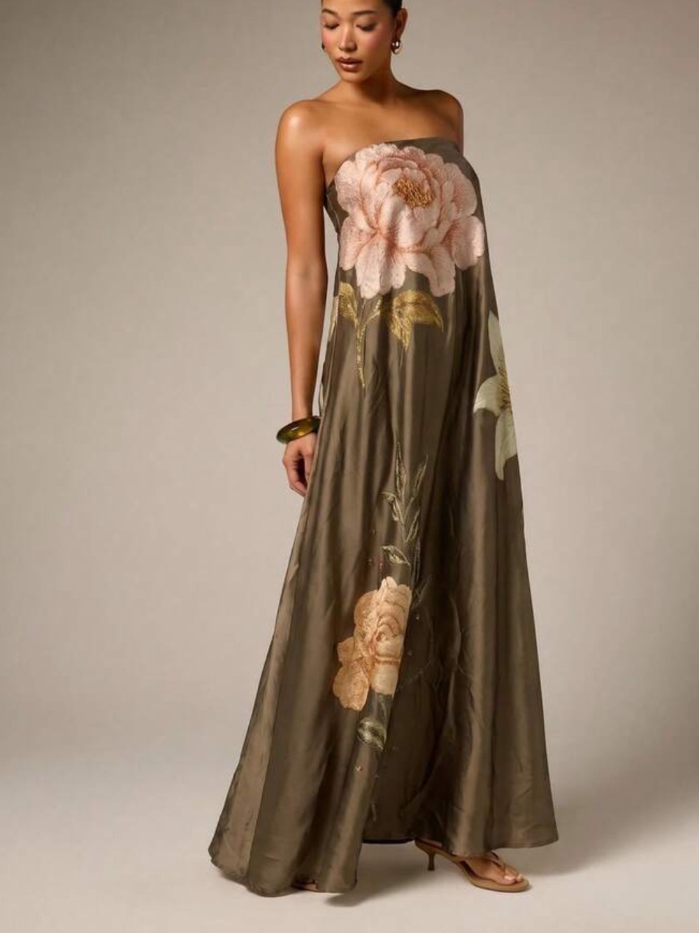 Strapless Maxi Dress With Large Scale Floral Embroidery On Satin A-Line